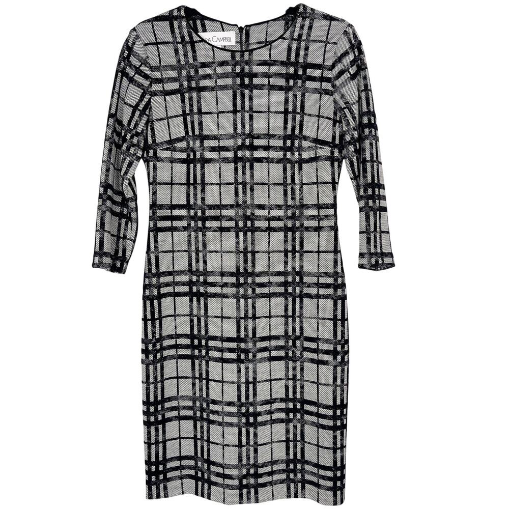 Sara Campbell XSmall XS Black Gray Plaid Sheath Dress Wool 3/4 Sleeves Crew Neck